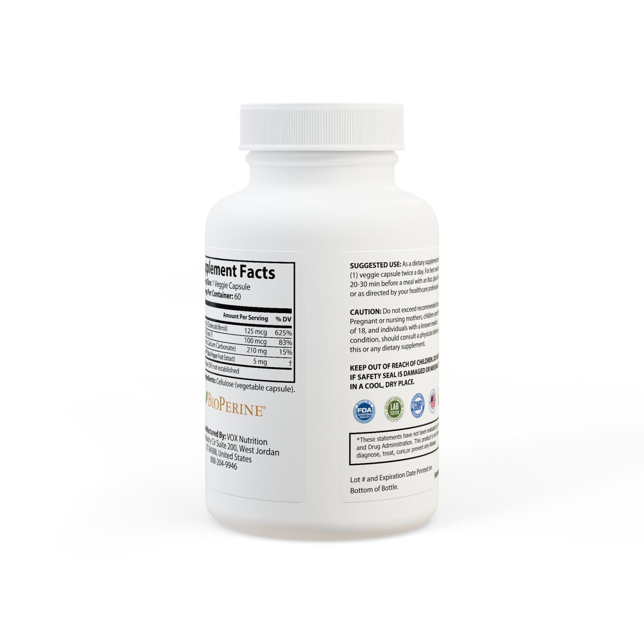 Primalon Vitamin K2 + D3 Supplement 60 Capsules | MK-7 BioPerine® Bone, Heart & Muscle Support | Non-GMO