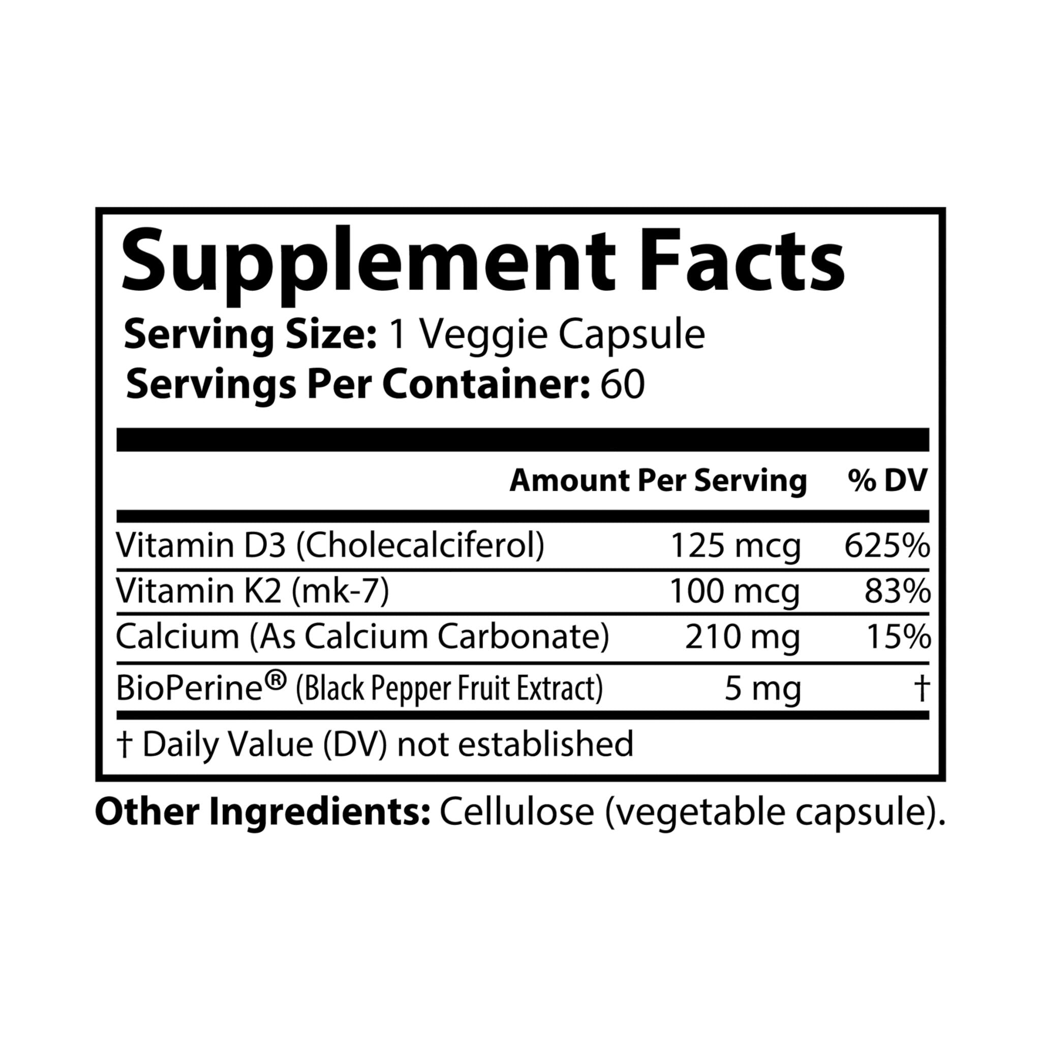 Primalon Vitamin K2 + D3 Supplement 60 Capsules | MK-7 BioPerine® Bone, Heart & Muscle Support | Non-GMO
