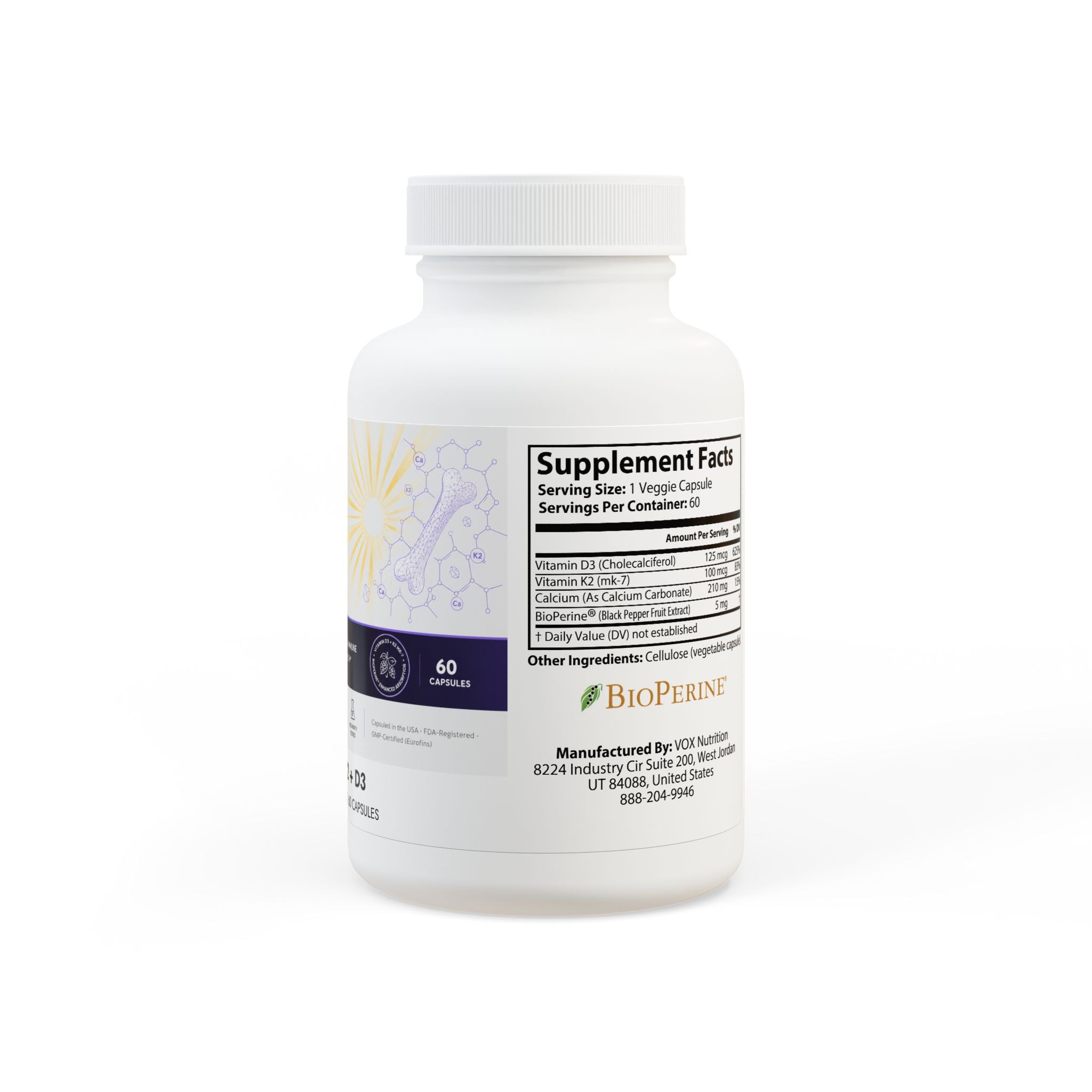 Primalon Vitamin K2 + D3 Supplement 60 Capsules | MK-7 BioPerine® Bone, Heart & Muscle Support | Non-GMO