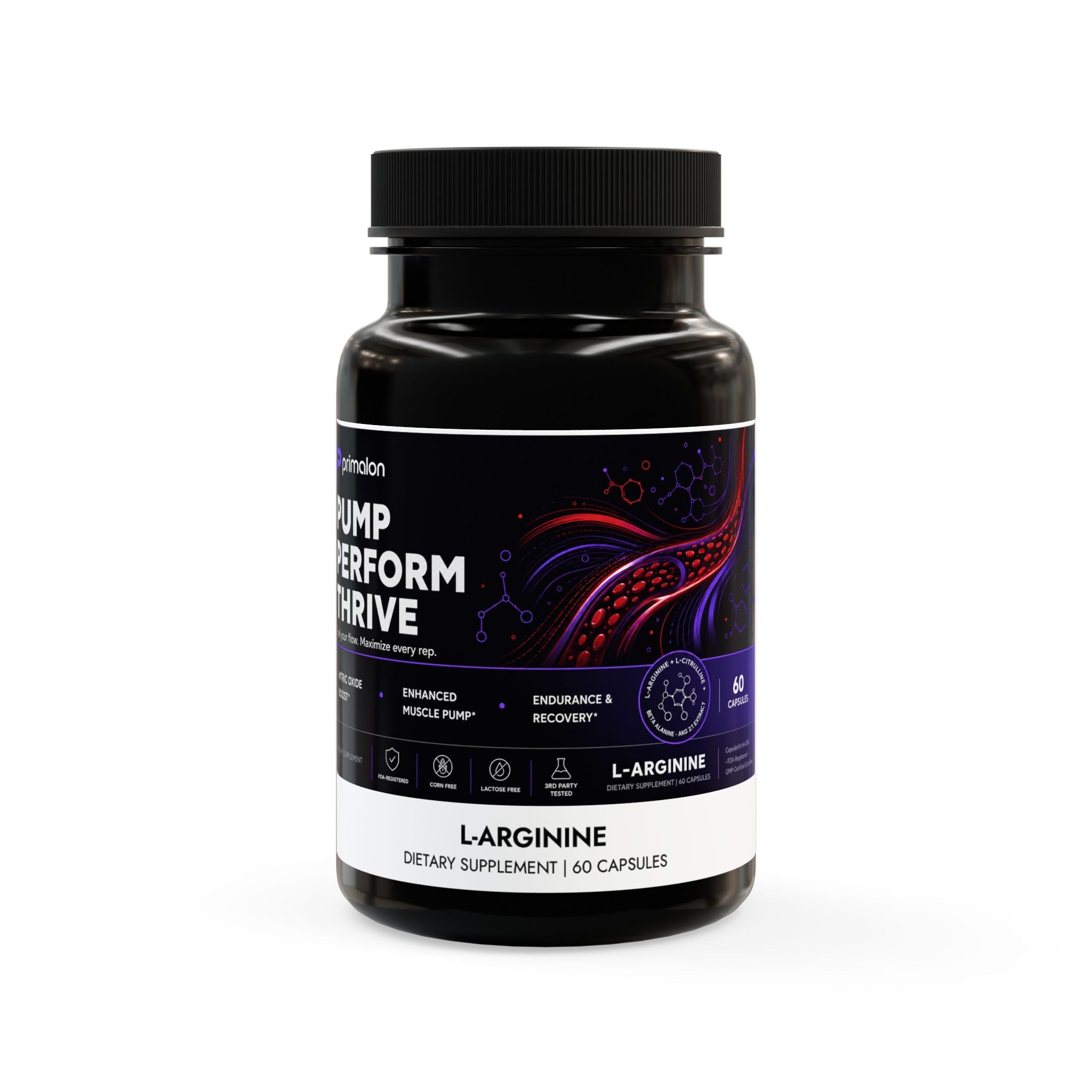 Primalon L-Arginine Supplement 60 Capsules | L-Citrulline Beta Alanine Nitric Oxide Pump & Endurance | Non-GMO