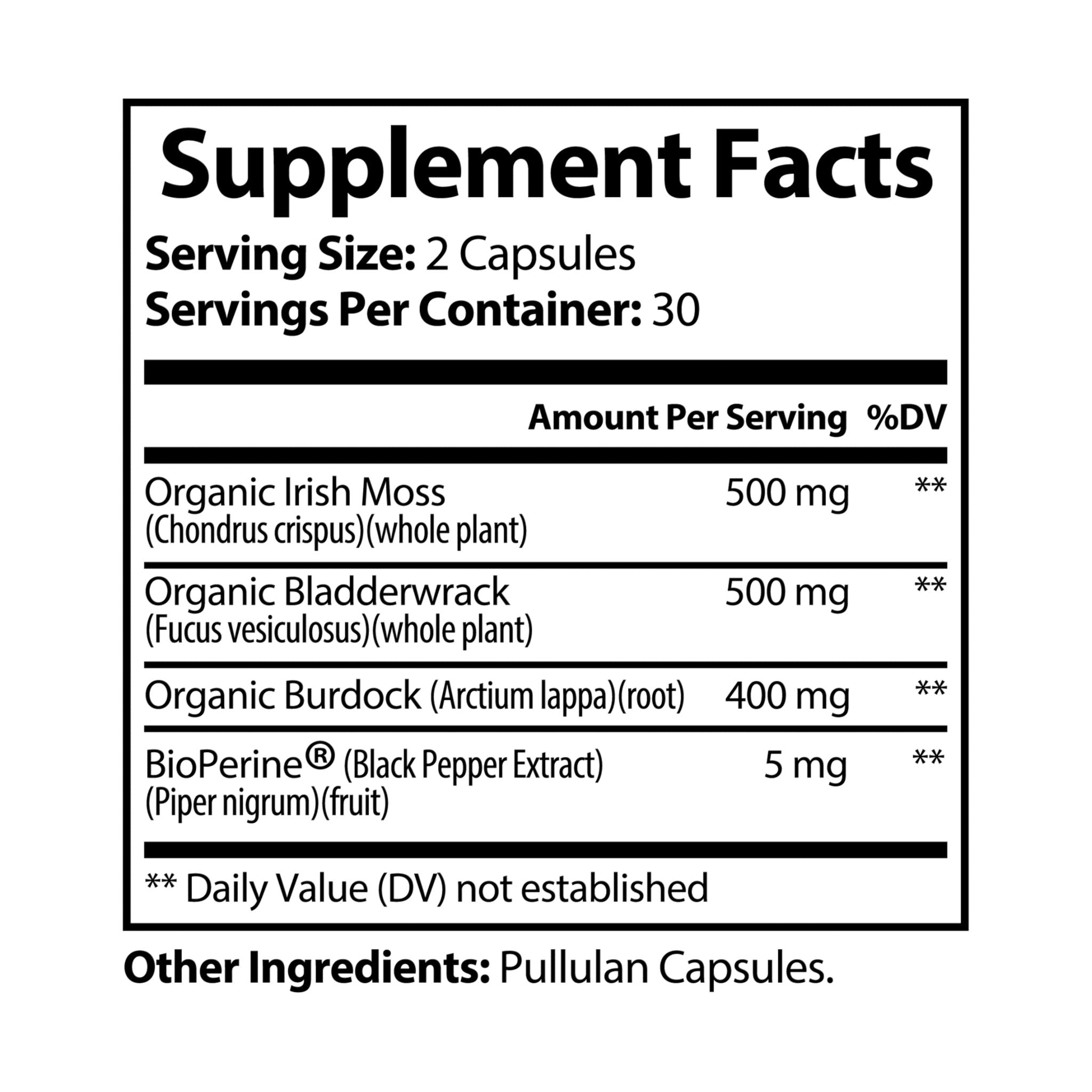 Primalon Sea Moss Supplement 60 Capsules | 92 Minerals Irish Moss Bladderwrack Burdock BioPerine® | Vegan Non-GMO