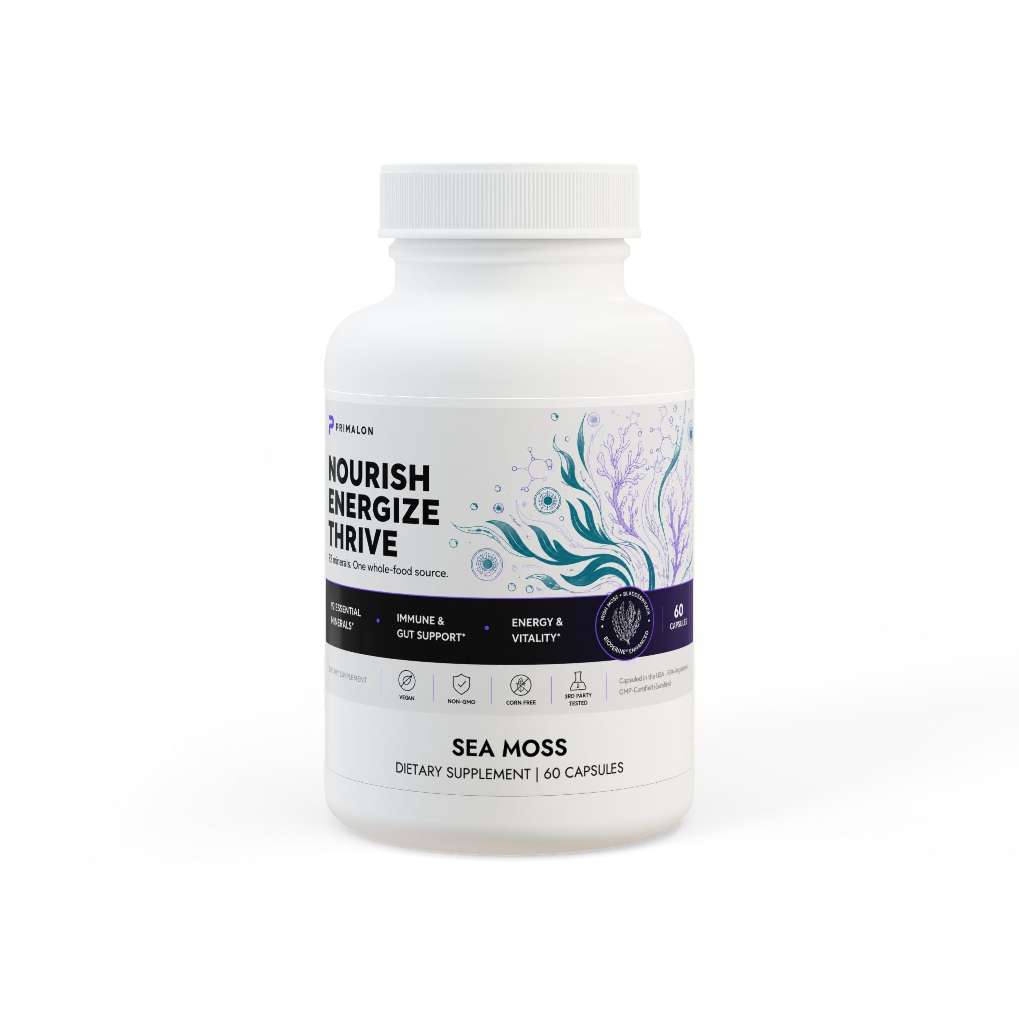 Primalon Sea Moss Supplement 60 Capsules | 92 Minerals Irish Moss Bladderwrack Burdock BioPerine® | Vegan Non-GMO