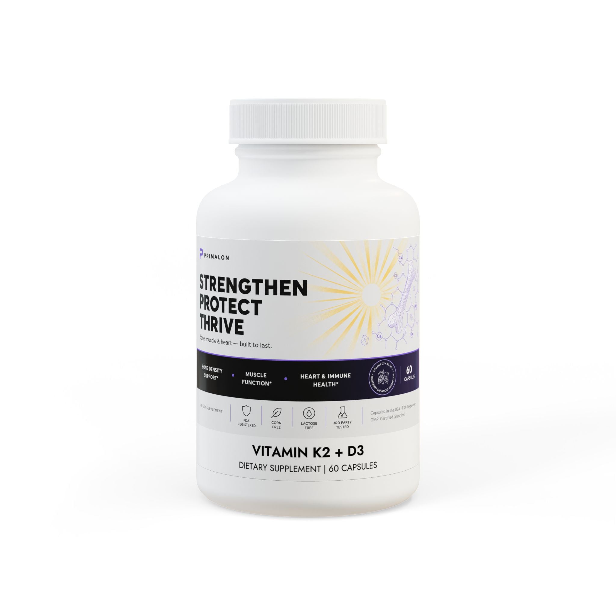 Primalon Vitamin K2 + D3 Supplement 60 Capsules | MK-7 BioPerine® Bone, Heart & Muscle Support | Non-GMO