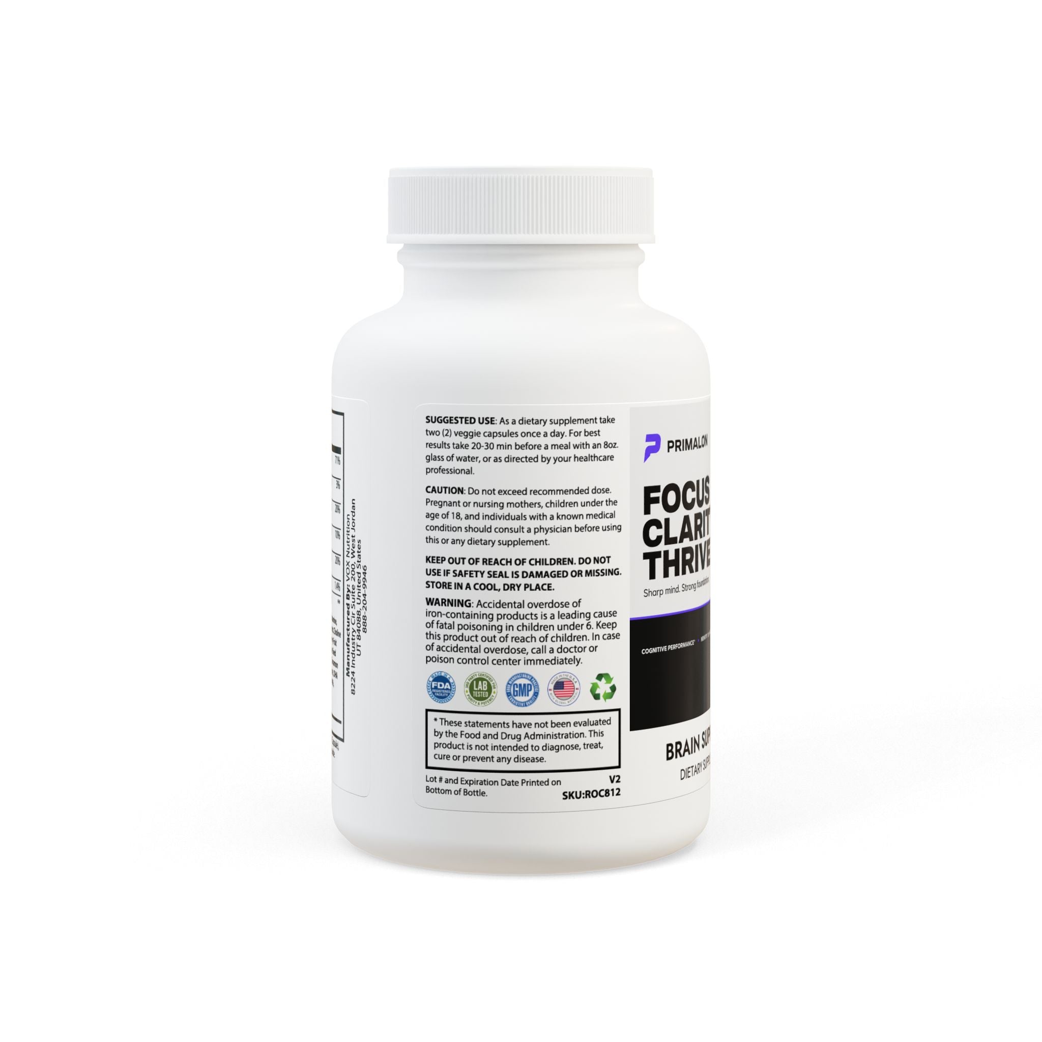Primalon Brain Support Complex 60 Capsules | Focus, Memory & Mental Clarity | Nootropic Supplement Non-GMO