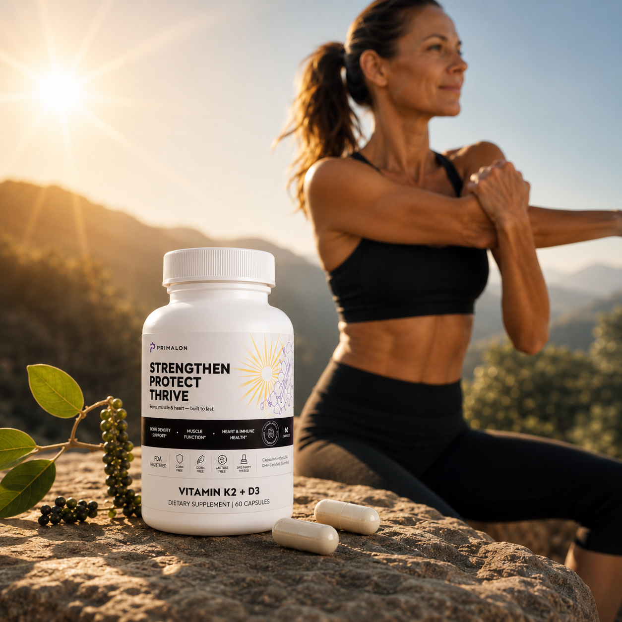 Primalon Vitamin K2 + D3 Supplement 60 Capsules | MK-7 BioPerine® Bone, Heart & Muscle Support | Non-GMO