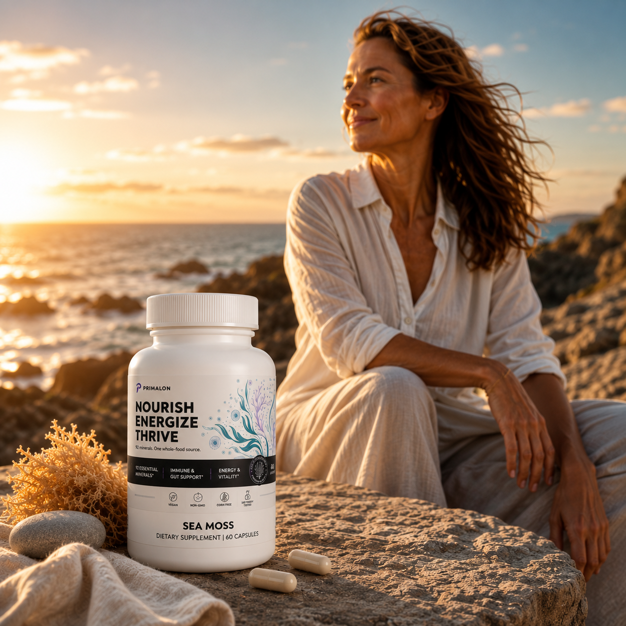 Primalon Sea Moss Supplement 60 Capsules | 92 Minerals Irish Moss Bladderwrack Burdock BioPerine® | Vegan Non-GMO